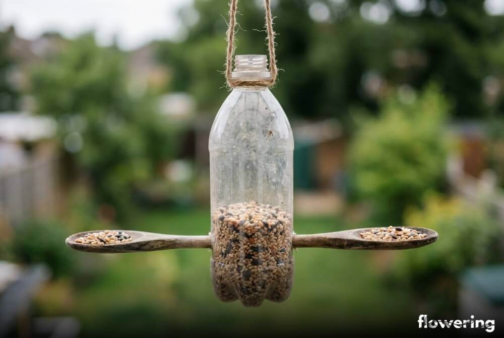 Karmnik z butelki PET z dwiema drewnianymi łyżkami, zawieszony na sznurku, wypełniony ziarnem