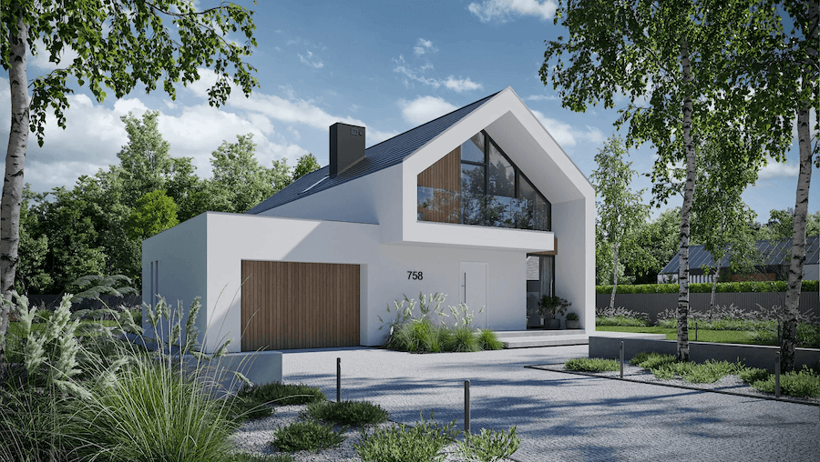 Dom w stylu skandynawskim z garażem, widok od frontu