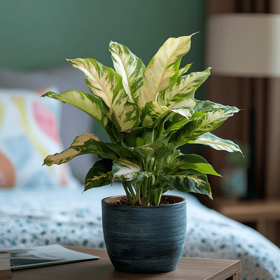 Difenbachia w sypialni na stoliku