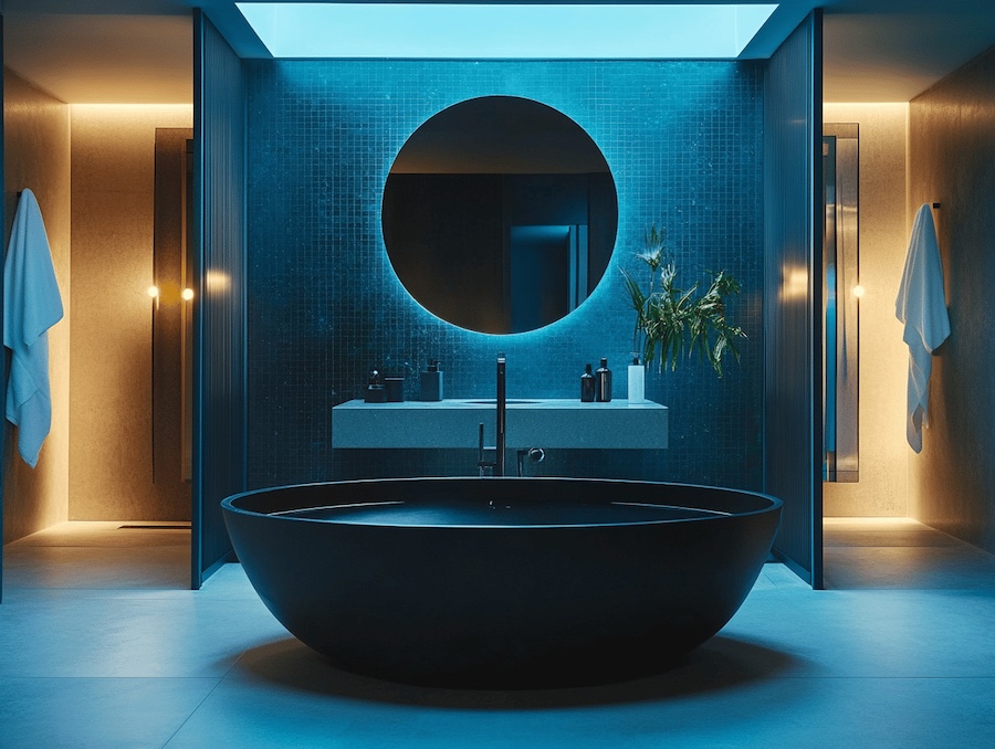 Ciemna łazienka z dużą wolnostojącą wanną po środku