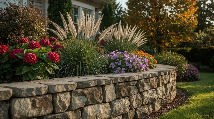 Czerwona hortensja Quercifolia w zestawieniu z trzcinnikiem i bodziszkiem w rabacie na kamiennym podwyższeniu 