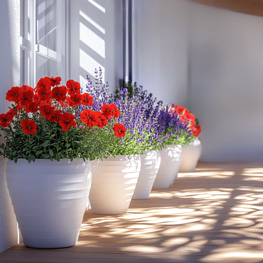 Czerwona pelargonia i lawenda w donicach