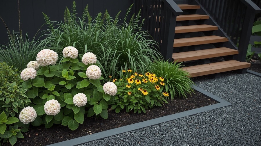 Kompozycja hortensji z rudbekią oraz turzyca buchanan obok domu i drewnianych schodów