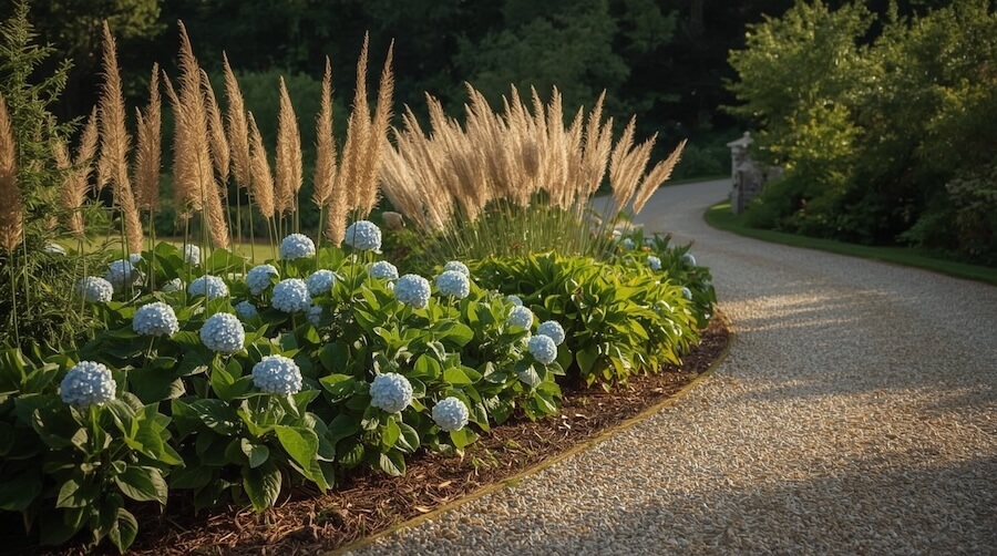 Miskant chiński i hortensja bukietowa przy drodze piaskowej na terenie posesji