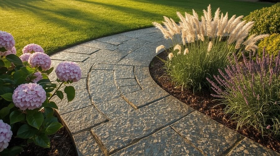 Hortensja pinky winky przy dróżce z trawą i lawendą