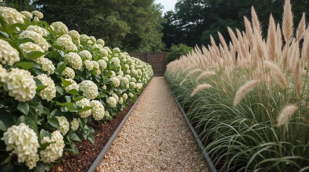 Ścieżka prowadząca przez ogród, z lewej szpaler z hortensjami, z prawej szpaler z miskantem chińskim