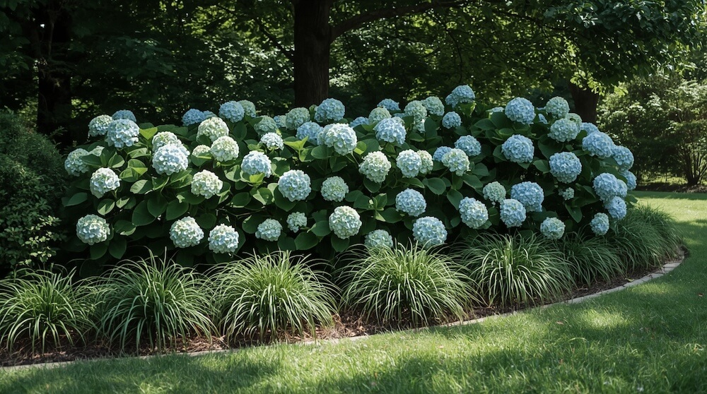Szpaler błękitnych hortensji z trawą hakone długlistna