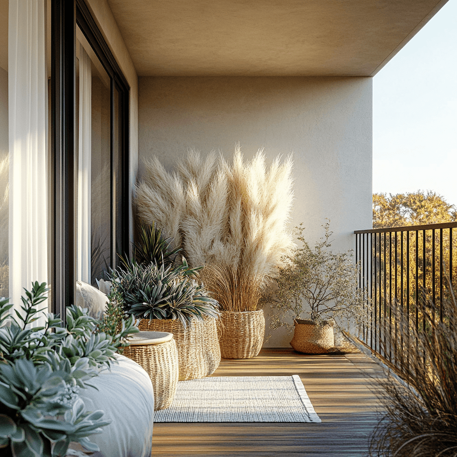 Trawa pampasowa i sukulenty w donicach na balkonie