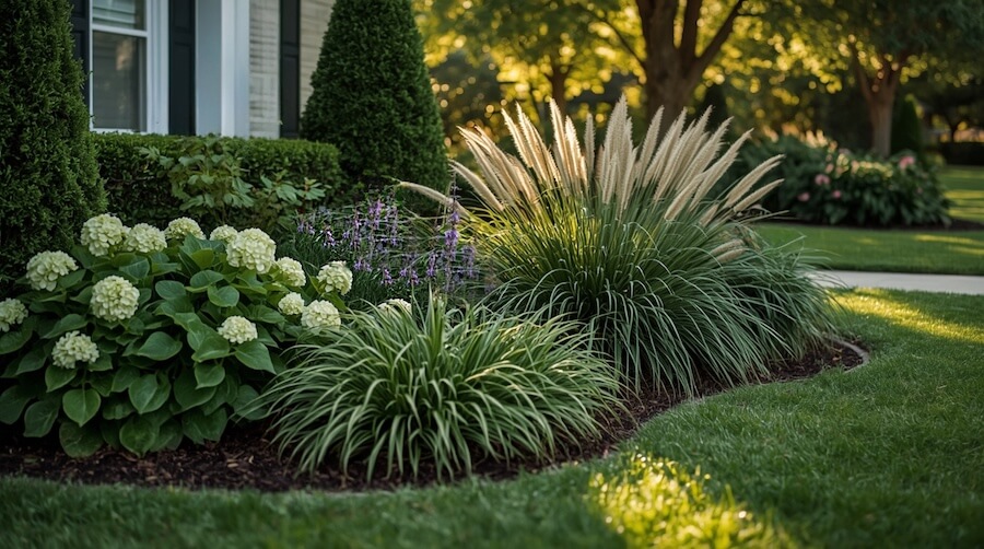 Zestawienie hortensji z trawą ostróżkową i szałwią w ogrodzie koło domu