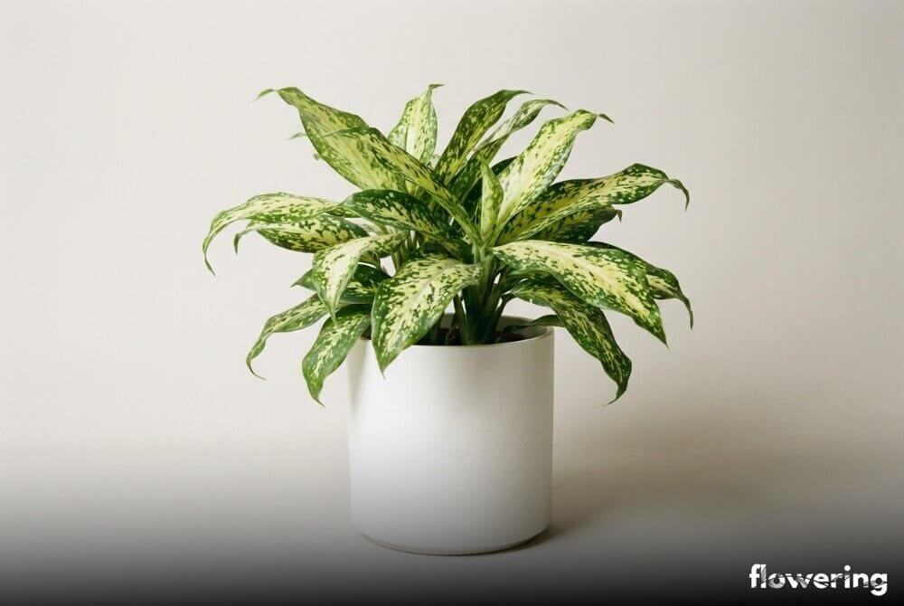 Dracena ‘Florida Beauty’ o szerokich liściach w kremowo-zielone plamy w białej doniczce na neutralnym tle