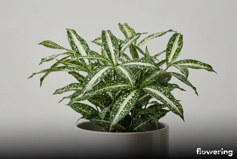 Dracena ‘Milky Way’ z wąskimi liśćmi w białe plamki w jasnoszarej doniczce na neutralnym tle