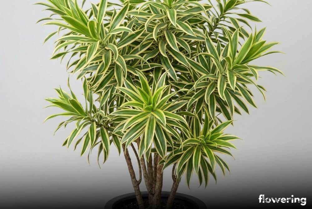 Dracena ‘Song of India’ z żółto obrzeżonymi liśćmi w grafitowej doniczce na neutralnym tle