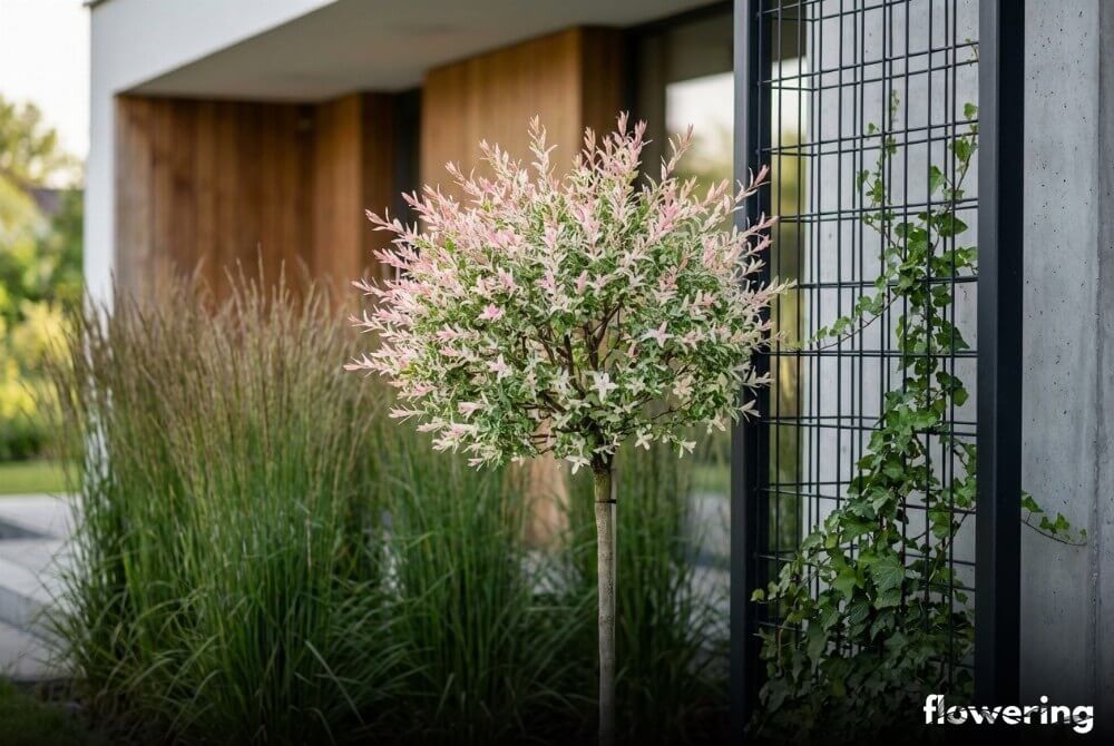 Wierzba hakuro w kompozycji wertykalnej z bluszczem na stelażu i wysokimi trawami przy domu
