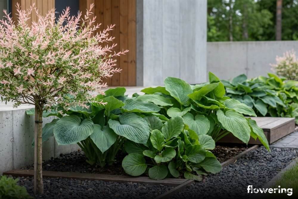 Kompozycja z wierzbą hakuro, funkiami i bergenią pokazująca kontrast delikatnych i dużych liści