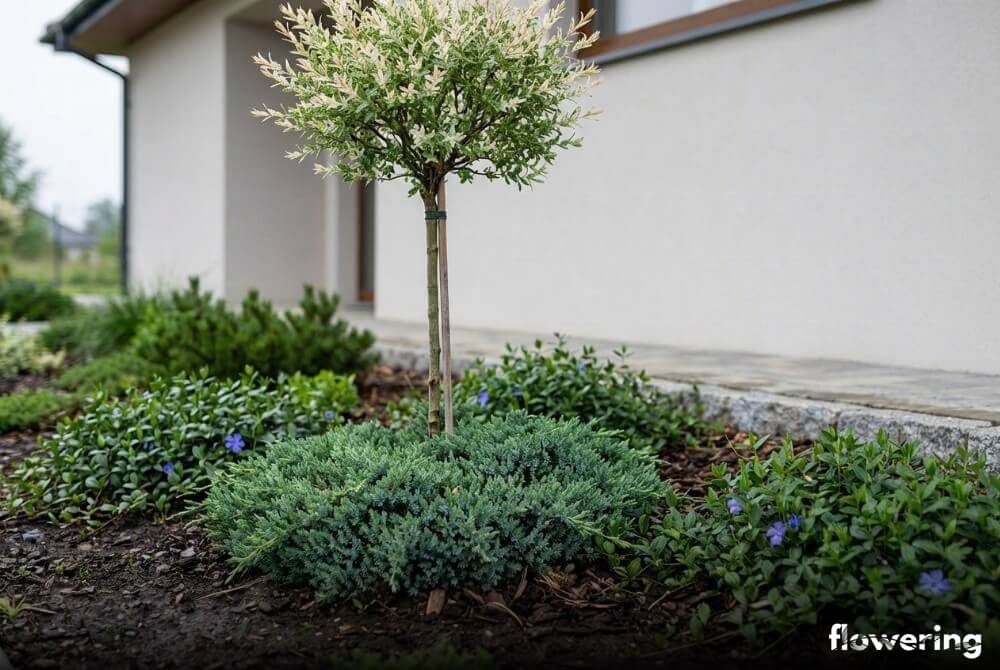Wierzba hakuro na pniu wśród jałowców płożących i barwinka w rabacie przy domu
