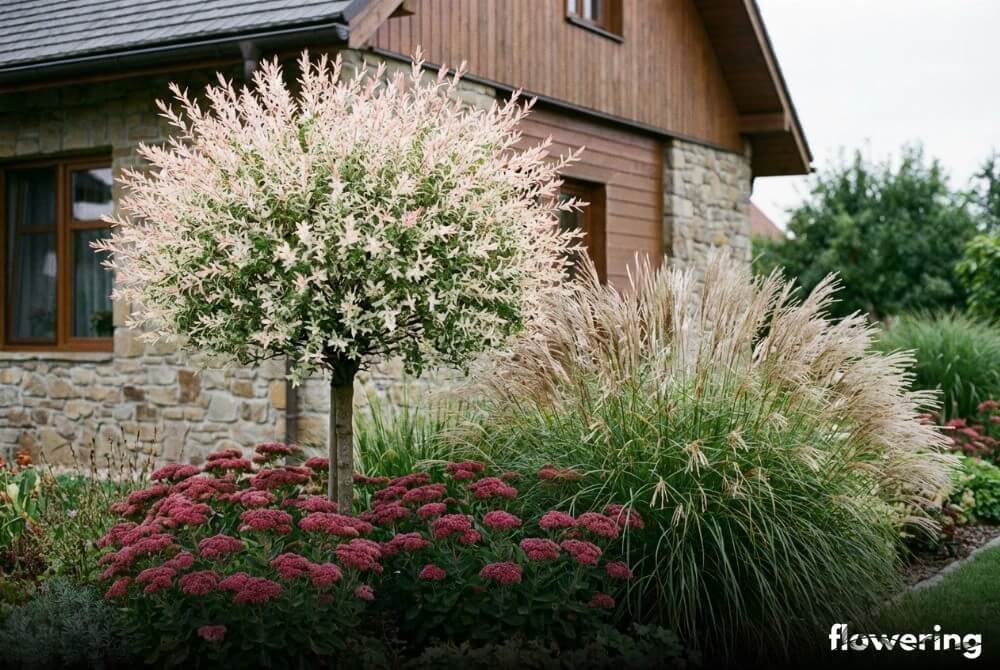 Wierzba hakuro z rozchodnikami okazałymi i miskantem w bylinowej rabacie przy domu