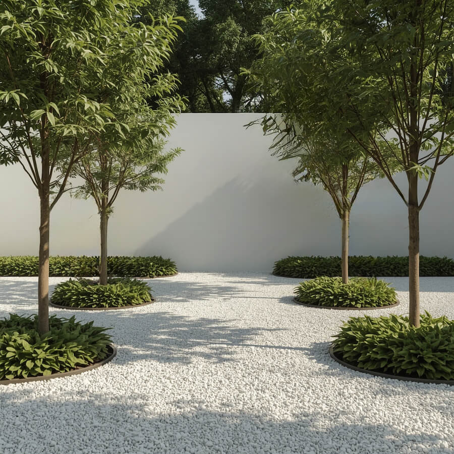 Rabaty i drzewka na kamiennym podłożu w ogrodzie