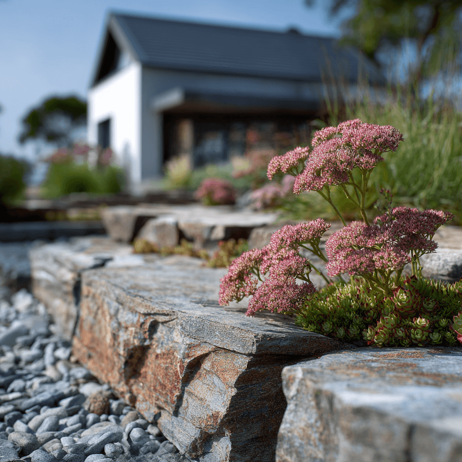 Kamienie i wśród roślin przed domem w ogrodzie