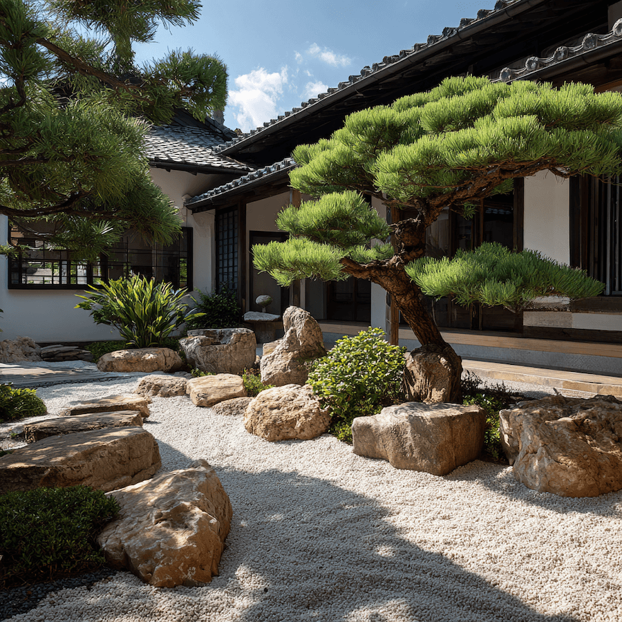 Ogród japoński z kamieni przed domem