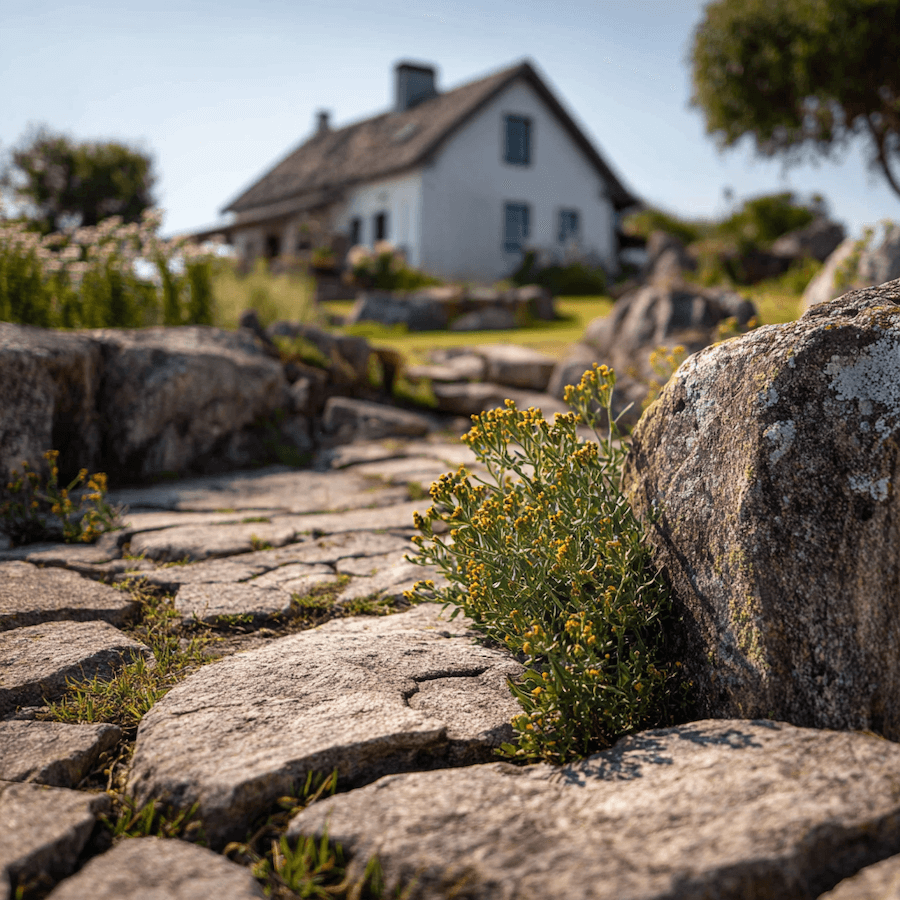 Ogród i kamienie z roślinami przed domem