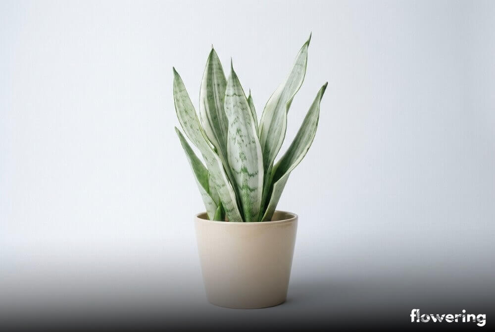 Sansewieria biała w jasnobeżowej doniczce na neutralnym, jasnym tle