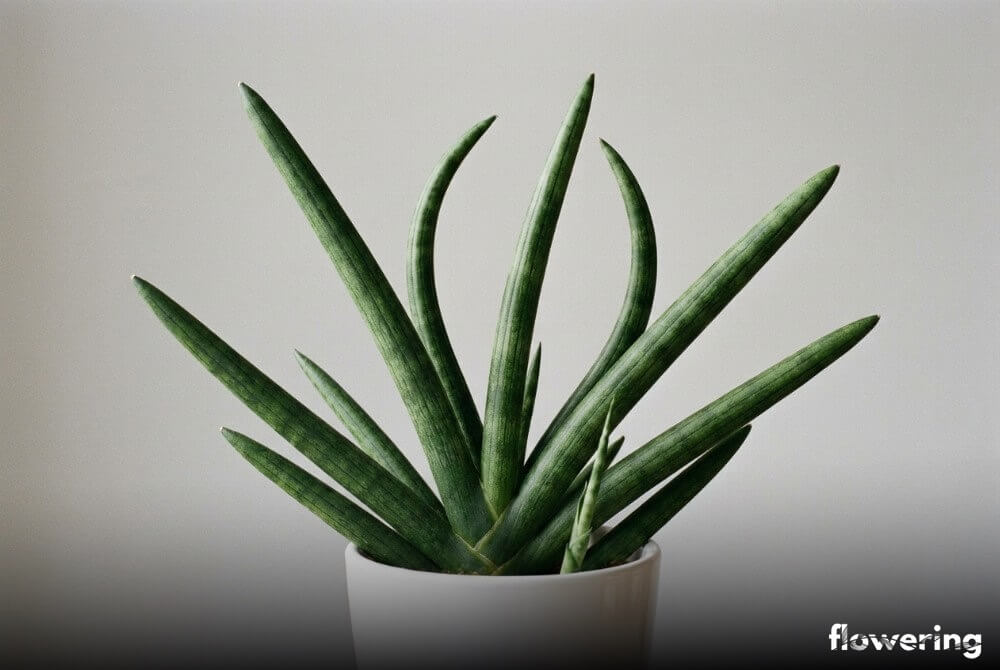 Sansewieria cylindryczna w białej geometrycznej doniczce na neutralnym, jasnoszarym tle