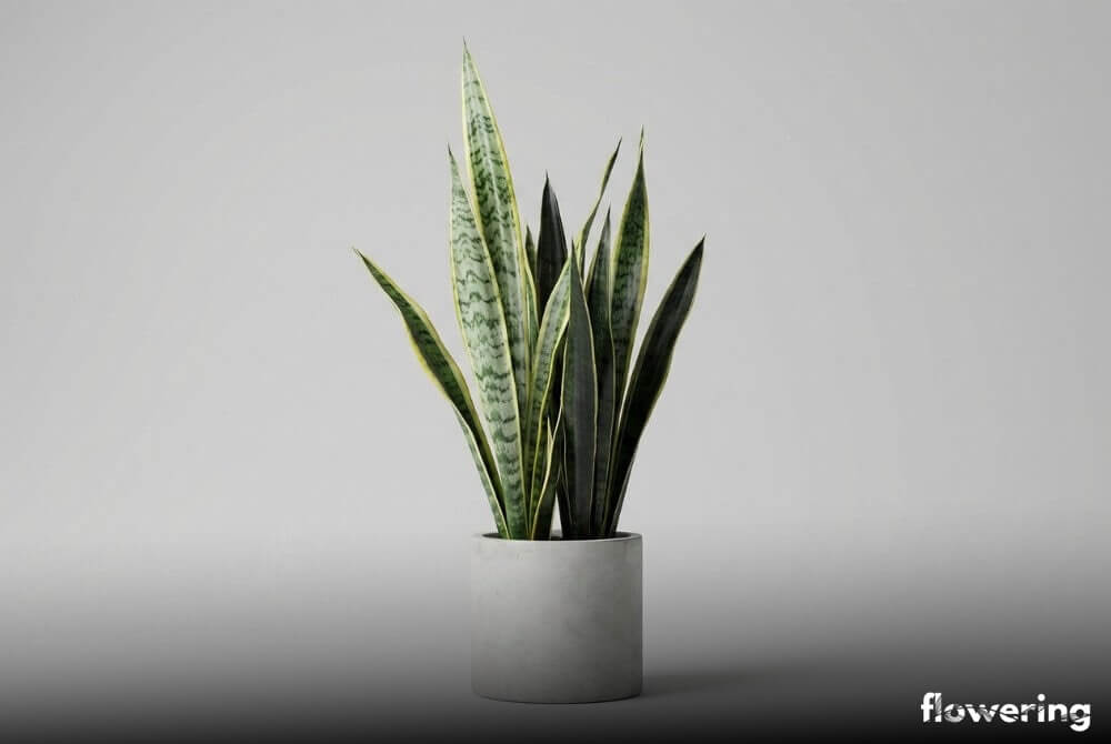 Sansewieria gwinejska w jasnoszarej doniczce na neutralnym, jasnoszarym tle