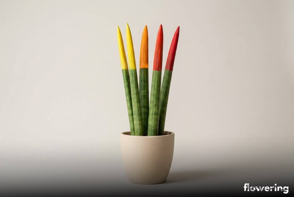 Sansewieria kolorowa w jasnobeżowej doniczce na neutralnym, jasnym tle