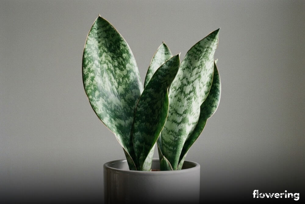 Sansewieria masoniana o szerokich liściach łopatowych w jasnoszarej doniczce na szarym tle