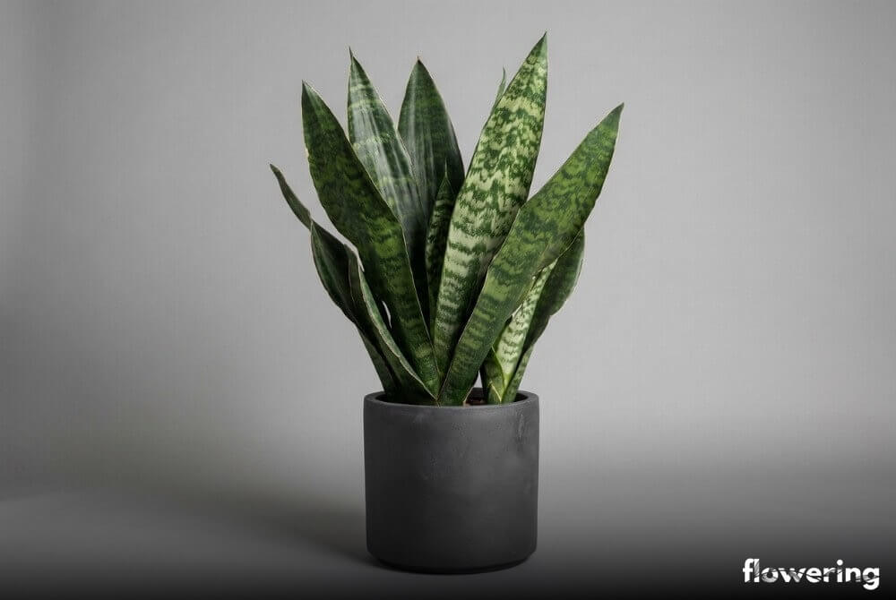 Sansewieria robusta w antracytowej doniczce na neutralnym, szarym tle