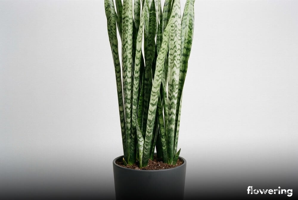 Sansewieria wysoka w grafitowej doniczce na neutralnym, jasnoszarym tle