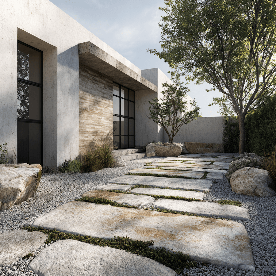 Duże płyty kamiennie jako ścieżka obok domu