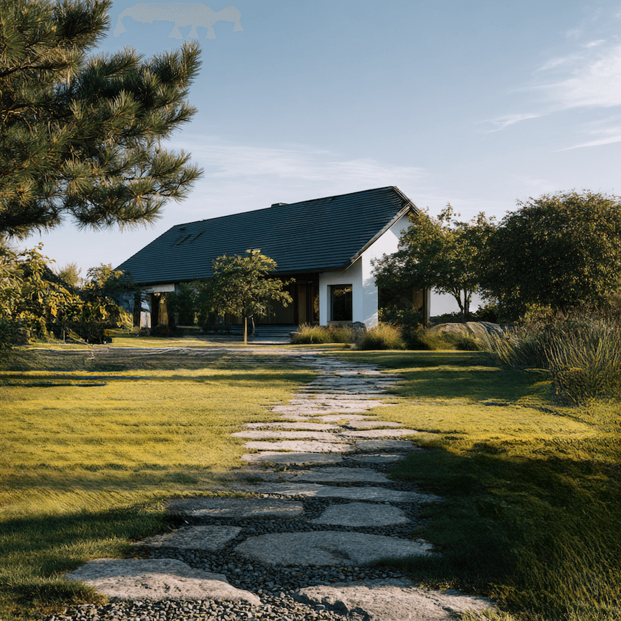 Ścieżka z kamieni w ogrodzie prowadząca do domu