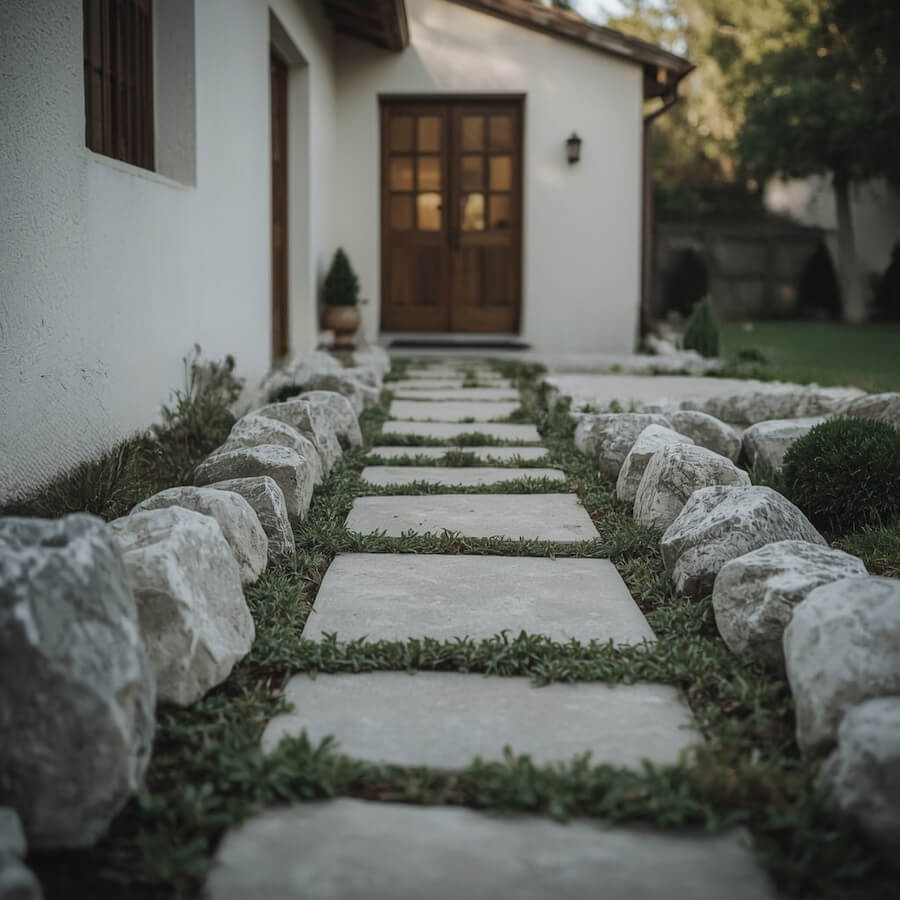 Ścieżka z kamieni prowadząca do drzwi wejściowych domu