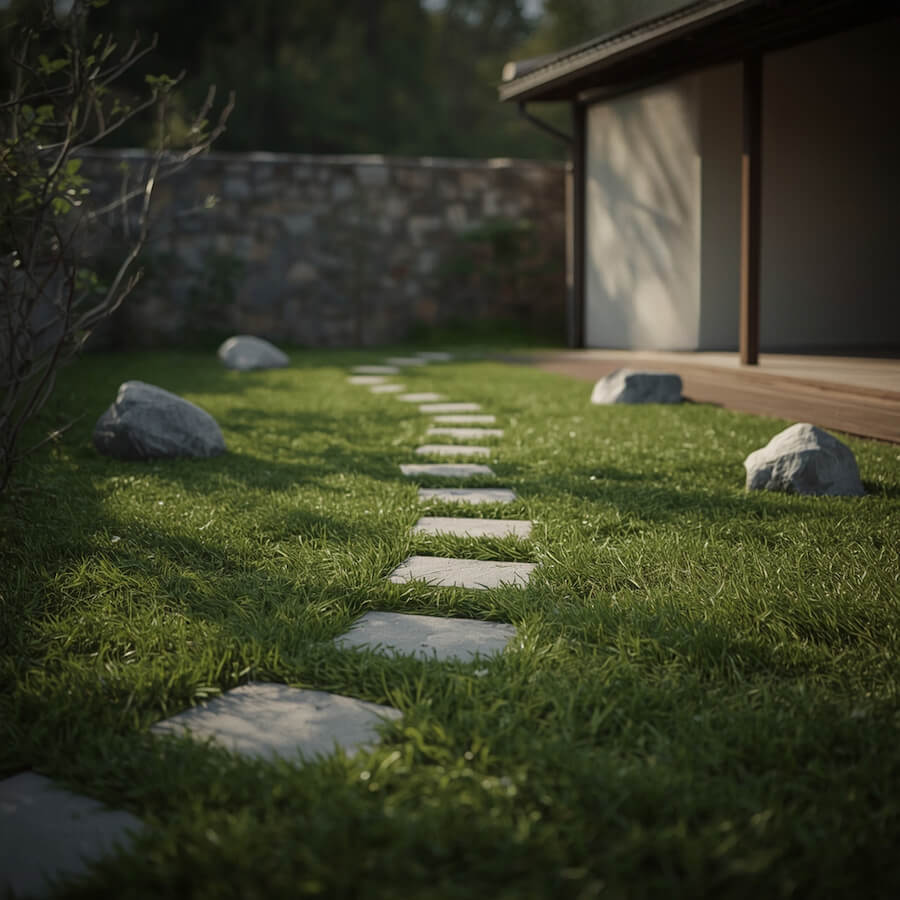 Ścieżka kamienna w ogrodzie i kamienie na trawniku