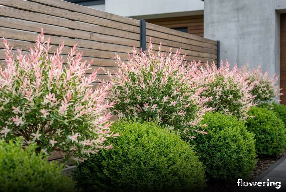 Żywopłot z wierzby hakuro i bukszpanu tworzący naturalną barierę przy domu