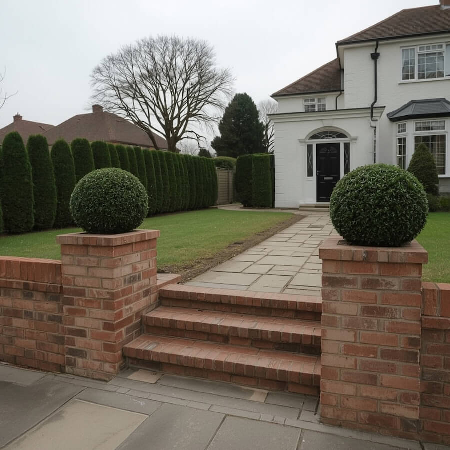 Ceglana obramówka z bukszpanem w ogrodzie