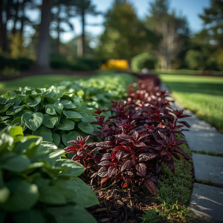 Hosta i żurawka przy ścieżce