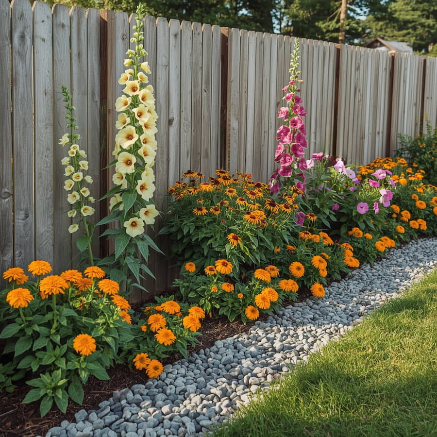 Wyjątkowa rabata pełna kwiatów przy płocie w układzie kaskadowym