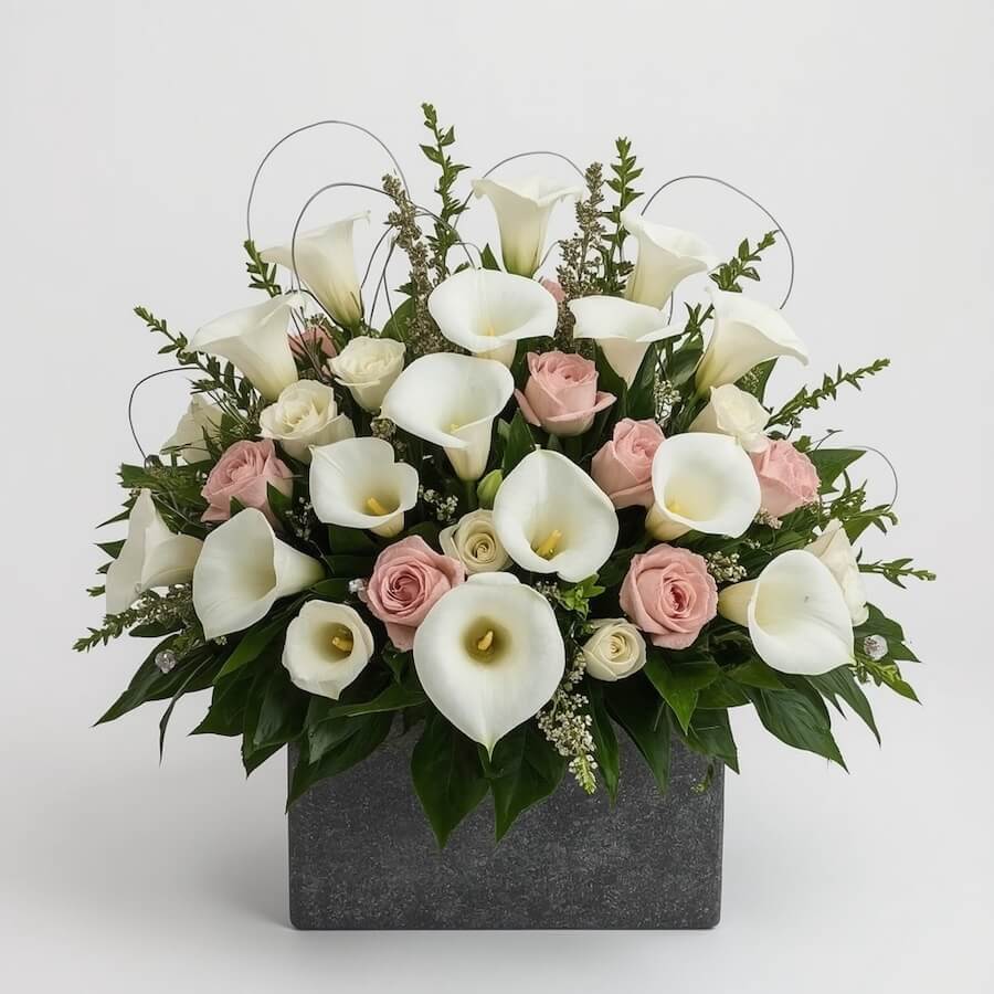 Kompozycja białych kalii z różą