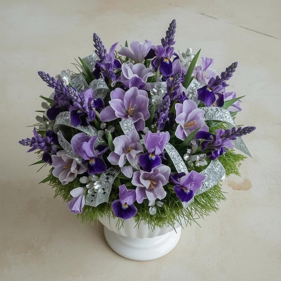 Kompozycja frezji i irysów