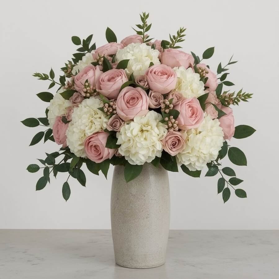 Kompozycja hortensje z różami peoniowymi