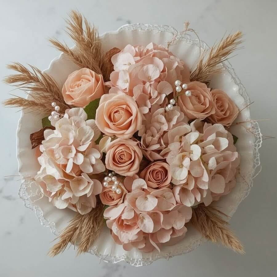 Kompozycja hortensji z różami gałązkowymi