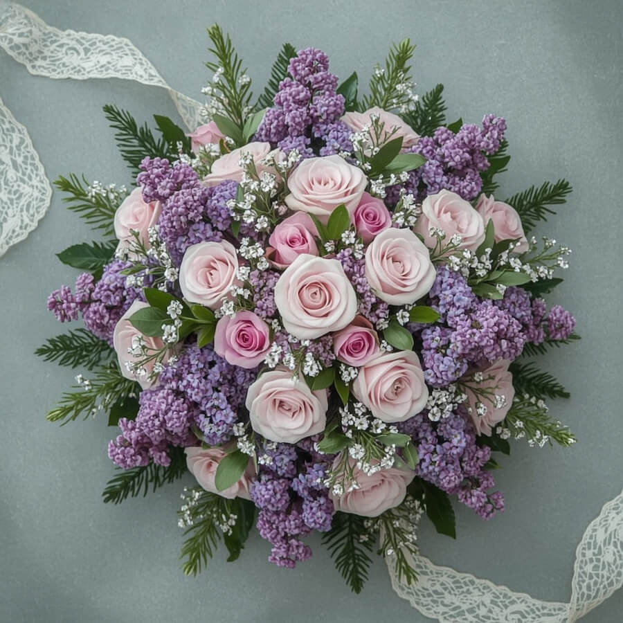 Kompozycja lilaków i róż angielskich