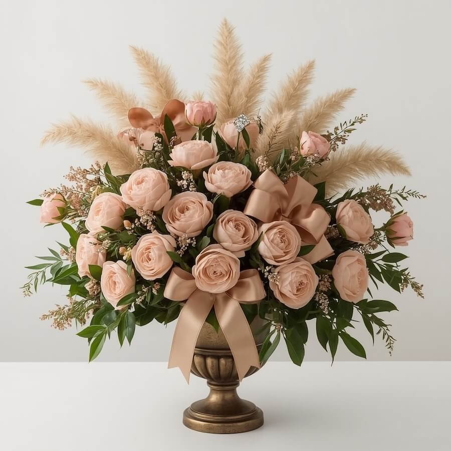 Kompozycja piwonie i trawa pampasowa