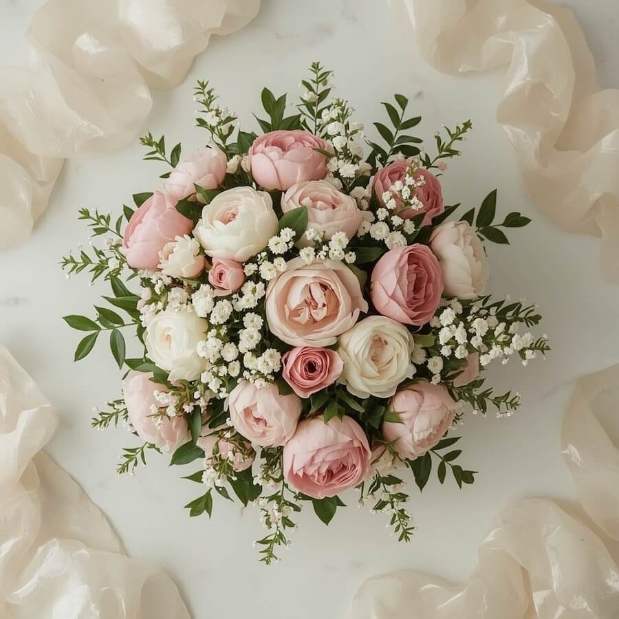 Kompozycja piwonii i frezji