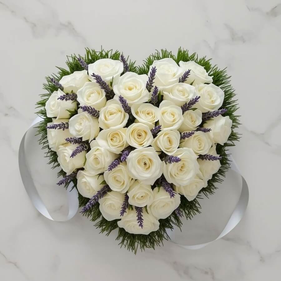 Kompozycja róż białych i lawendy