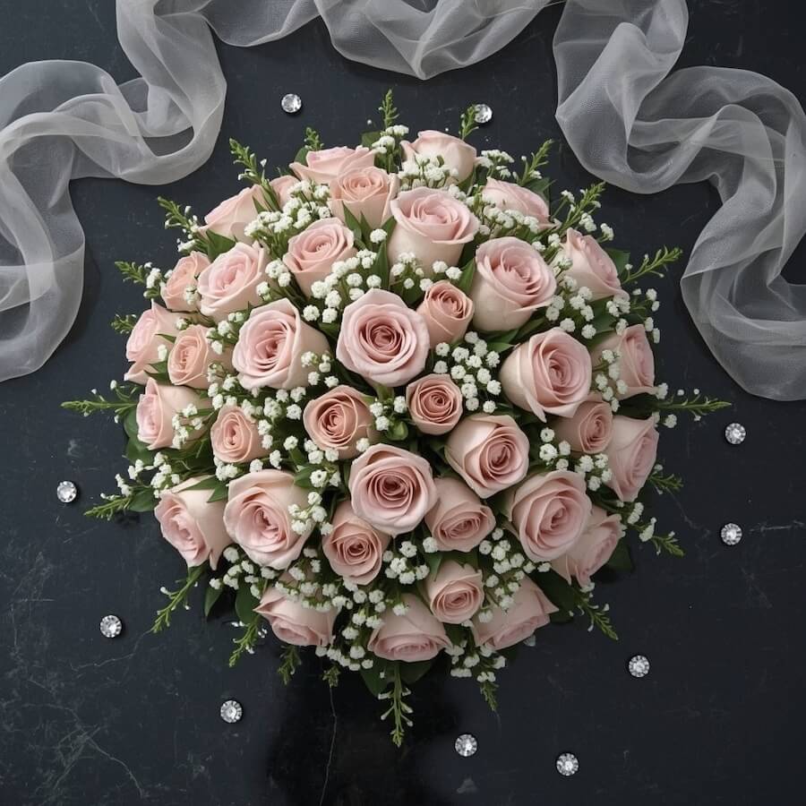 Kompozycja róż i gipsówki