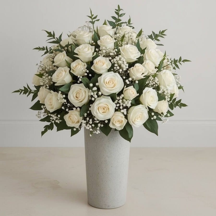 Kompozycja róże i gipsówka