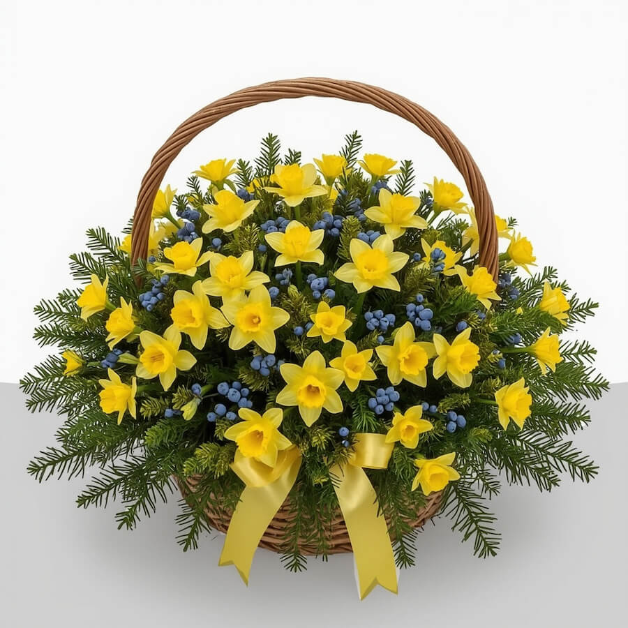 Kompozycja żonkili i muscari w koszu wiklinowym